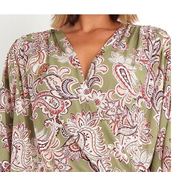 NWT Petal & Pup Overlay Rayon Kendra Top - Olive Paisley, size M/L - Picture 2 of 5